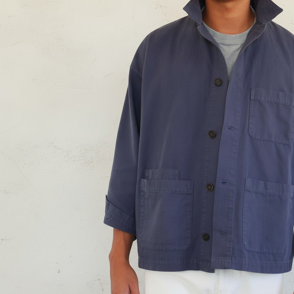 wannabes* | Clothing Brand blue summer jacket with button-up front, collar, and three patch pockets.