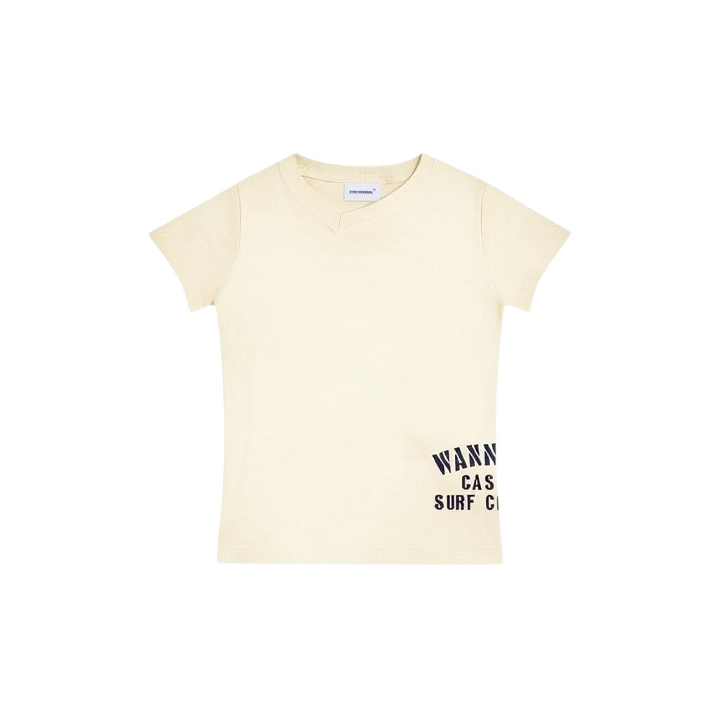 wannabes* | Clothing Brand cream women's t-shirt with a unique V-neck detail and Casa do Surf graphic print