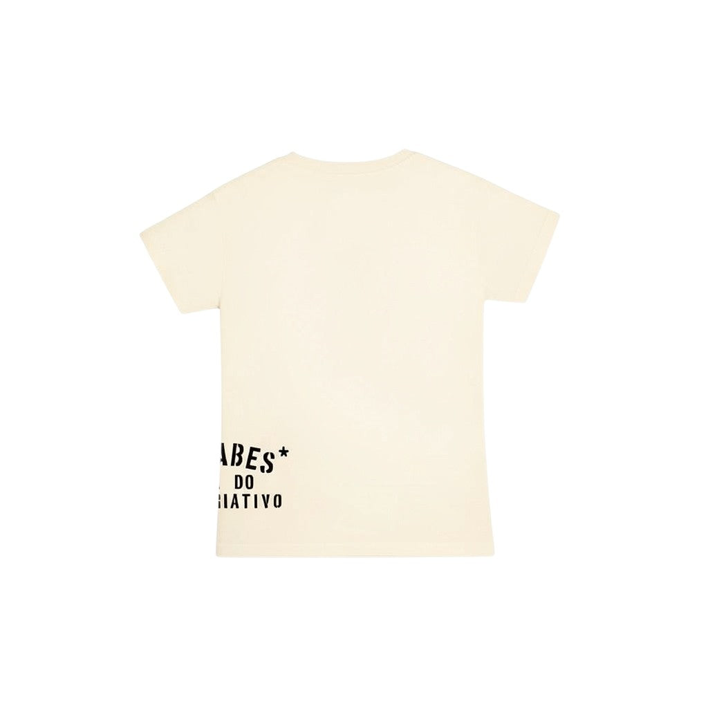 Back view of a cream wannabes* | Clothing Brand Casa do Surf women t-shirt with black graphic print at the hem.