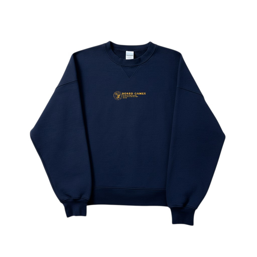 wannabes* | Clothing Brand navy blue crewneck sweatshirt with small yellow Board Games chest embroidery