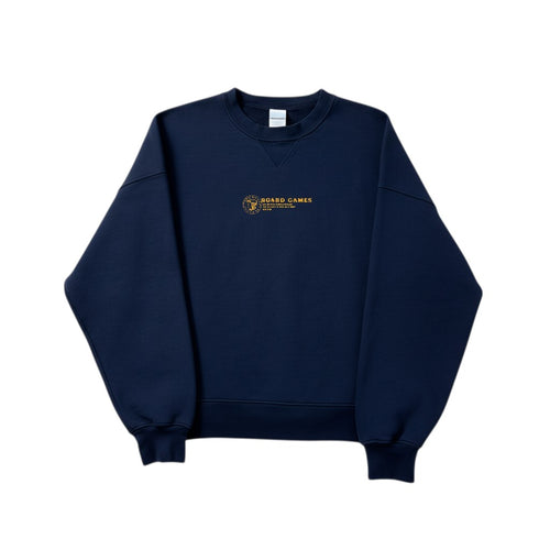 wannabes* | Clothing Brand navy blue crewneck sweatshirt with small yellow Board Games chest embroidery