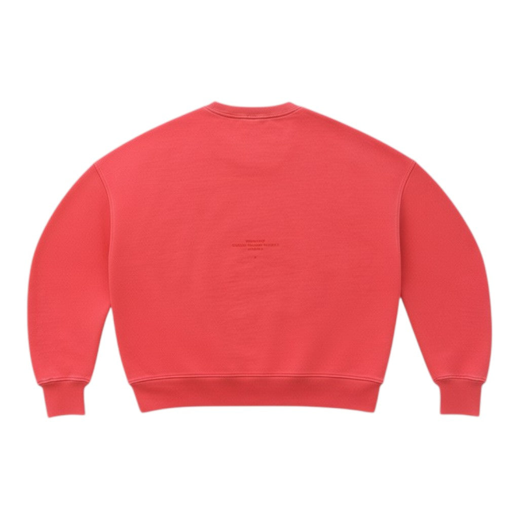 Back view of a red wannabes* | Clothing Brand Iconic Crewneck sweatshirt with subtle branding on the center back.