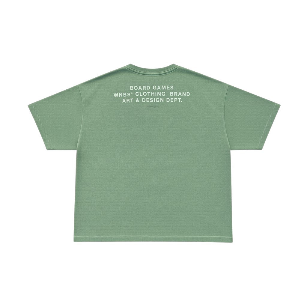 Back view of a sage green wannabes* | Clothing Brand DEPARTMENT T-SHIRT with white graphic text on the upper back.